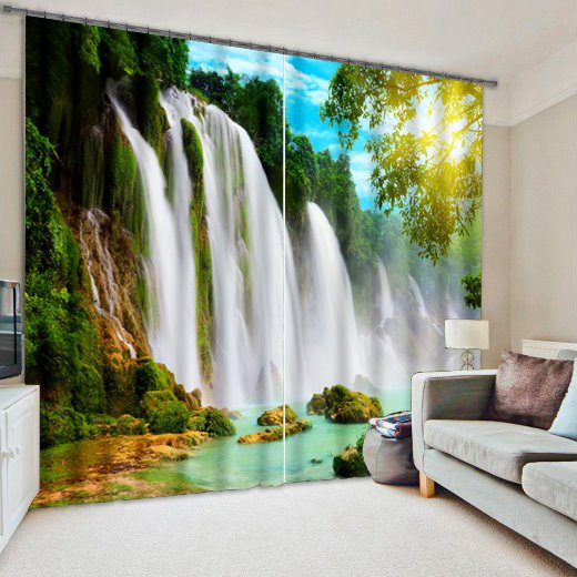 3D Turbulent Waterfall and Green Trees Printed Nature Scenery Decoration Custom Curtain