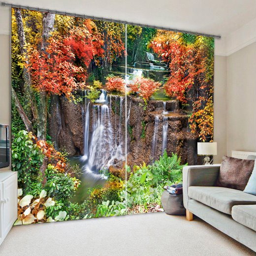 3D Flowing Water with Red Leaves Printed Polyester Custom Curtain for Living Room