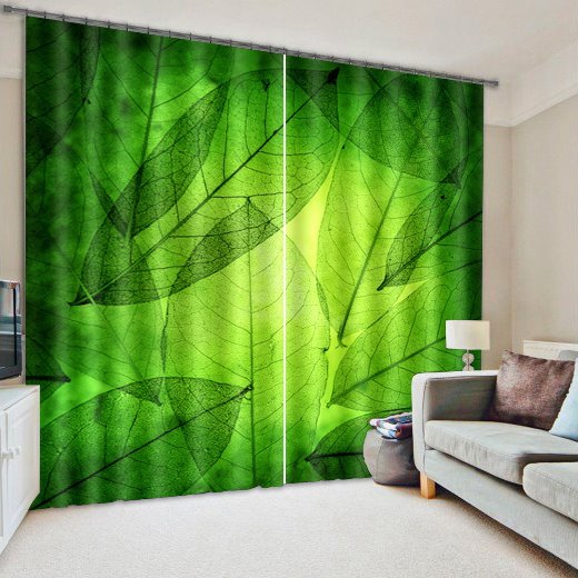 Refreshing Green Leaves Printed Custom Living Room and Bedroom 3D Curtain