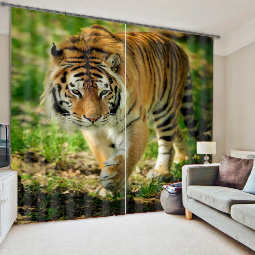 Tiger Printed Blackout Curtain, 2 Panel Style Polyester Animal Theme Window Curtain for Living Room