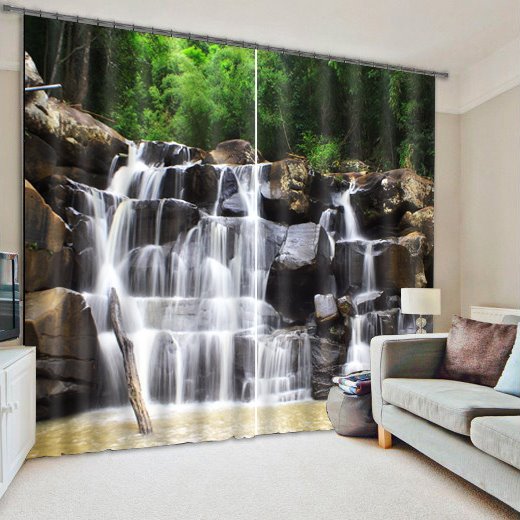 Cortina de sala de estar personalizada con decoración impresa de paisaje Natural de árboles verdes y cascada espectacular 3D