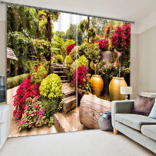 Elegant Garden with Flowers Printed Polyester Custom 3D Curtain for Living Room