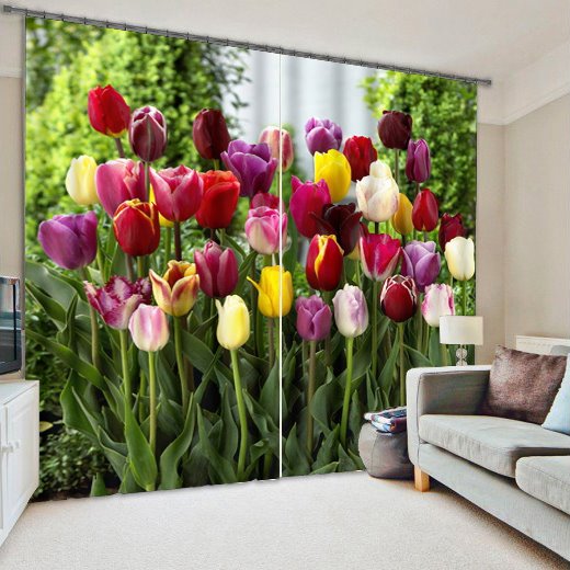 Colorful Tulips Printed Pastoral Style Custom 3D Curtain for Living Room