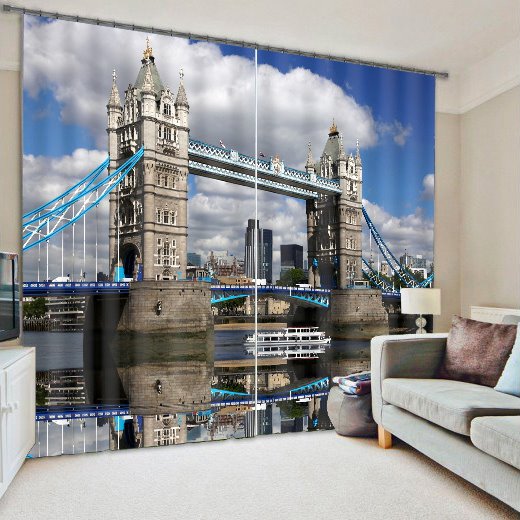 3D Famous London Tower Bridge Printed 2 Panels Decorative and Blackout Curtain