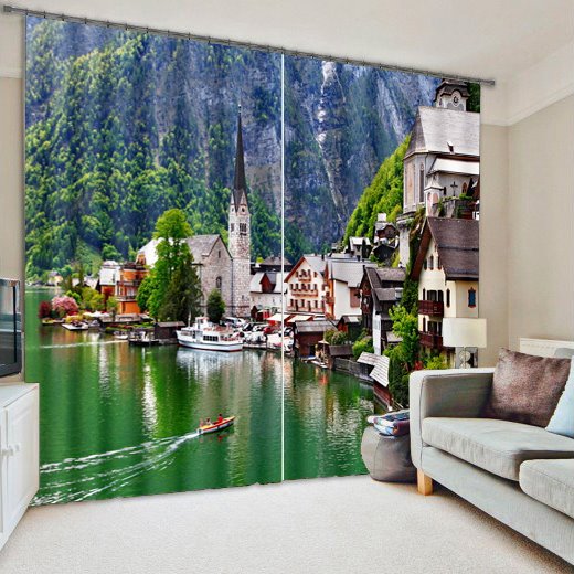 Cortina decorativa y opaca 3D con ahorro de energía impresa, paisaje en el lago