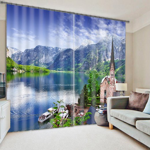 River and Mountain with Peaceful Harbor Decorative and Blackout Window Curtain