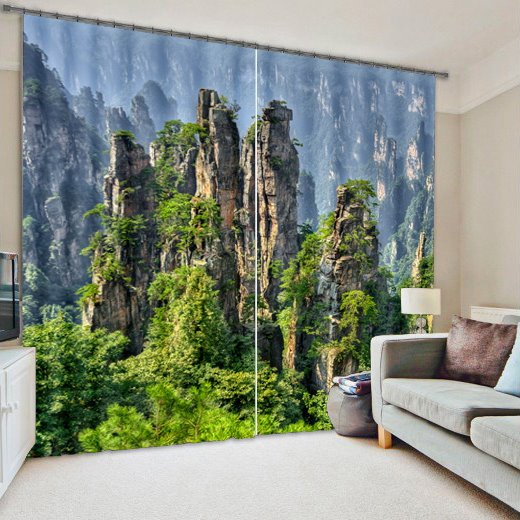 Green Mountains and Trees Natural Scenery Printed 3D Blackout and Decorative Curtain