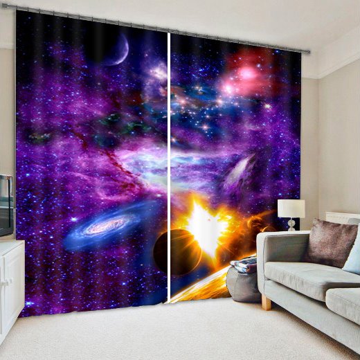 3D Splendid Galaxy and Stars Printed Polyester Dust-Proof Custom Living Room Curtain