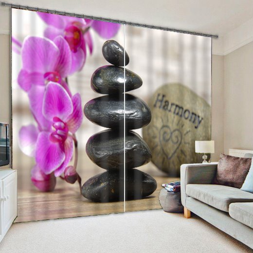 Cortina 3D personalizada para sala de estar de poliéster con flores y piedras rosas maravillosas
