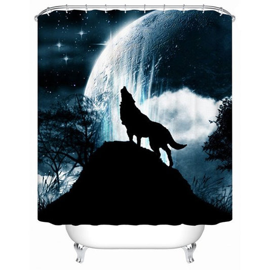 3D Wolf Under the Moonlight Printed Dark Blue Polyester Shower Curtain