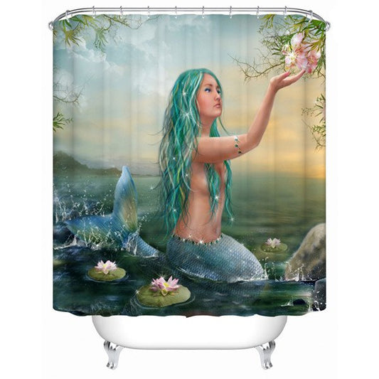 3D Mermaid Printed Polyester Green Bathroom Shower Curtain