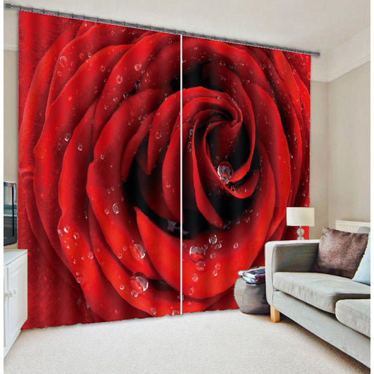Cortina de sombreado personalizada de estilo romántico con estampado de rosa roja cubierta de rocío en 3D para sala de estar