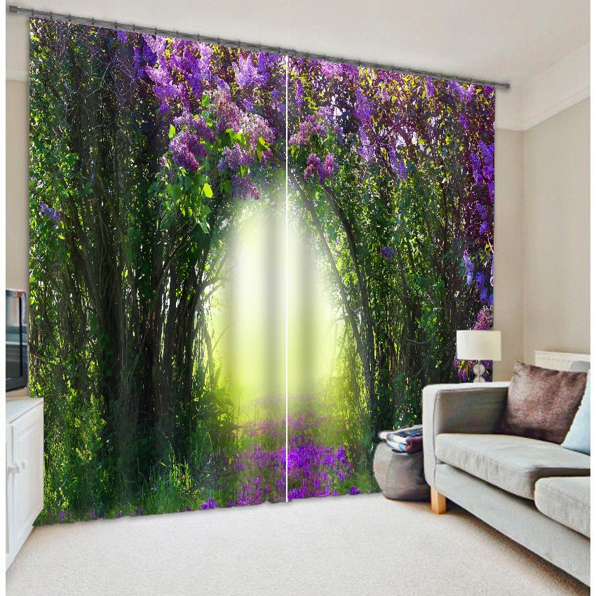 3D-Korridor mit grünen Bäumen und lila Blumen, bedruckt, dicker Polyester, dekorativer, individueller Vorhang