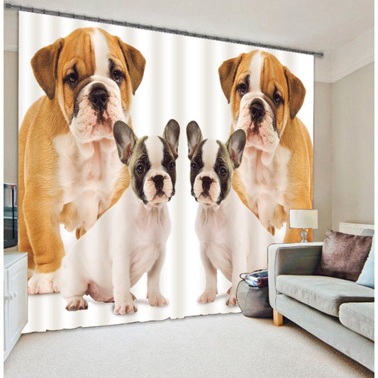 Bulldogs Family Printed Polyester Room Curtain, 2-Panel Style Animal Dog Theme Decorative Blackout Curtain