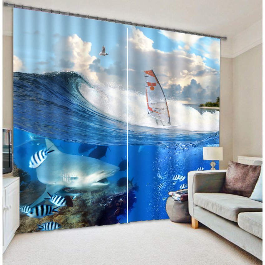 3D Fishes and Boats Printed Hot Selling Thick Polyester 2 Pieces Living Room Blackout Curtain