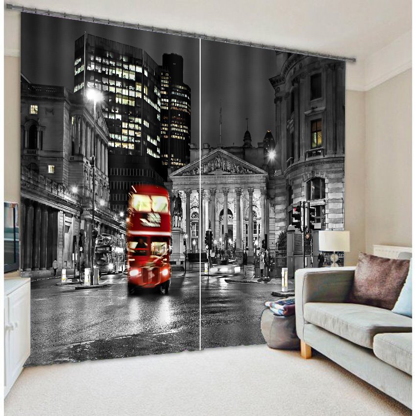 3D Night City Bus Printed Polyester Modern Style Decoration Custom Curtain for Living Room