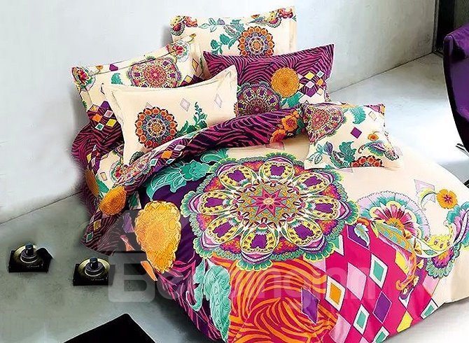 4-teilige Bettbezug-Sets mit buntem, großem Blumendruck im europäischen Stil