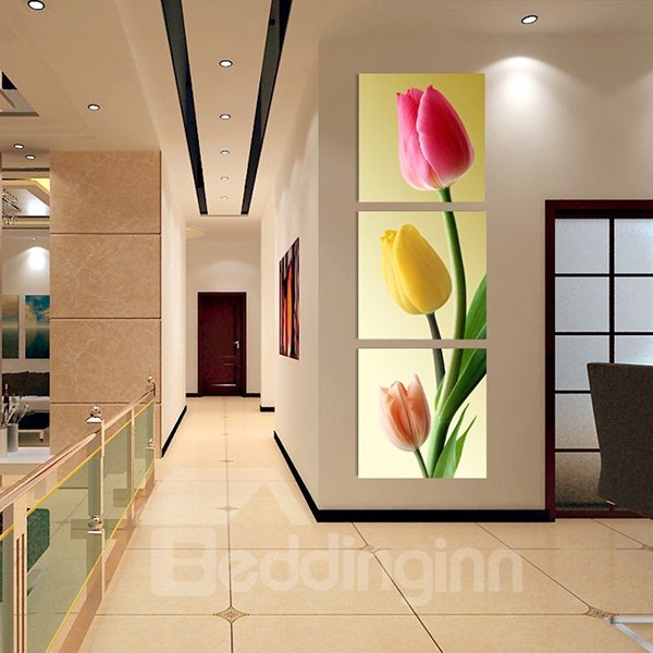 16 × 16 pulgadas × 3 paneles Patrón de tulipán Lienzo colgante vertical Impresiones enmarcadas impermeables y ecológicas