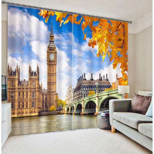 Cortina opaca y decorativa 3D para sala de estar y dormitorio con impresión clásica del Big Ben