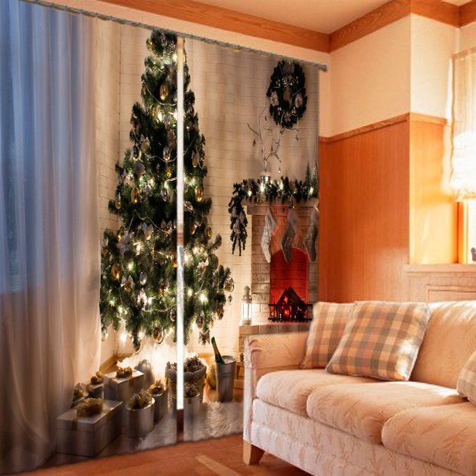 Cortina de sala de estar personalizada con estampado de árbol de Navidad 3D con elementos decorativos