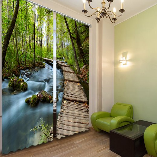 Cortina personalizada con estampado de bosque y sendero aislado en 3D, decoración de estilo natural para sala de estar