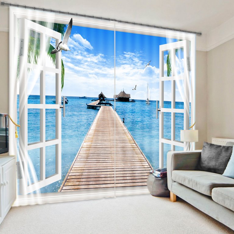 Cortina opaca personalizada para sala de estar con paisaje fascinante de mar y puente azul impreso en 3D