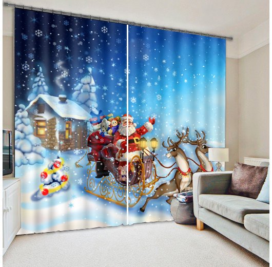 Cortina de sala de estar personalizada impresa con escena navideña de Papá Noel encantador en 3D con nieve blanca