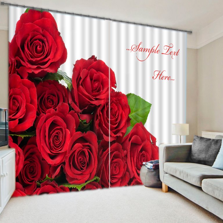 Cortina floral personalizada de 2 paneles de estilo romántico de algodón y poliéster con estampado de rosas rojas en 3D