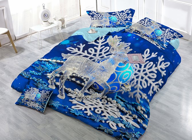 Reindeer Blue Snowflake Wear-resistant Breathable High Quality 60s Cotton 4-Piece 3D Bedding Sets