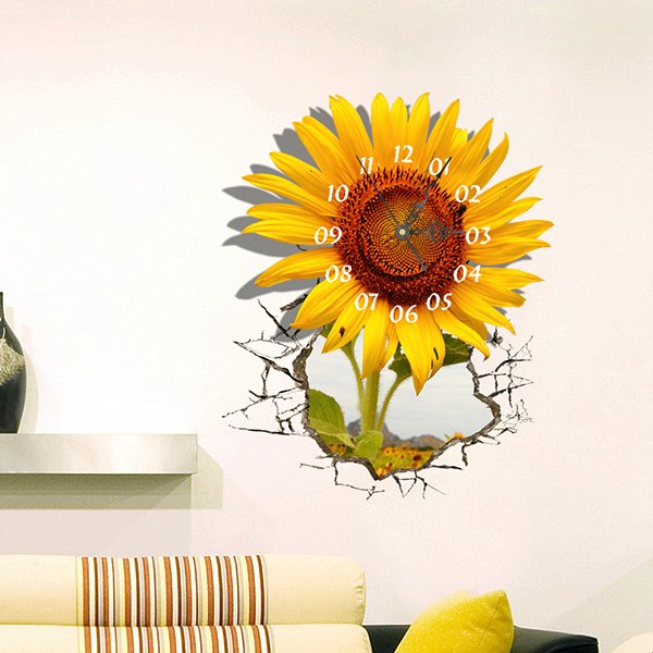 Wunderschöne 3D-Wanduhr mit Sonnenblumen-Design