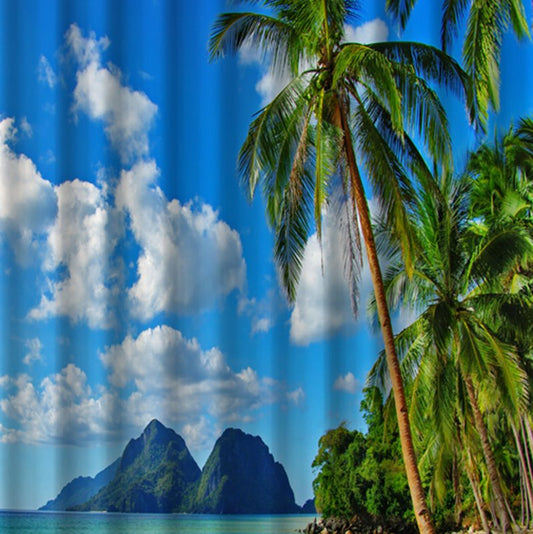 Cortina de ducha de poliéster impresa con paisaje de playa y cocoteros en 3D