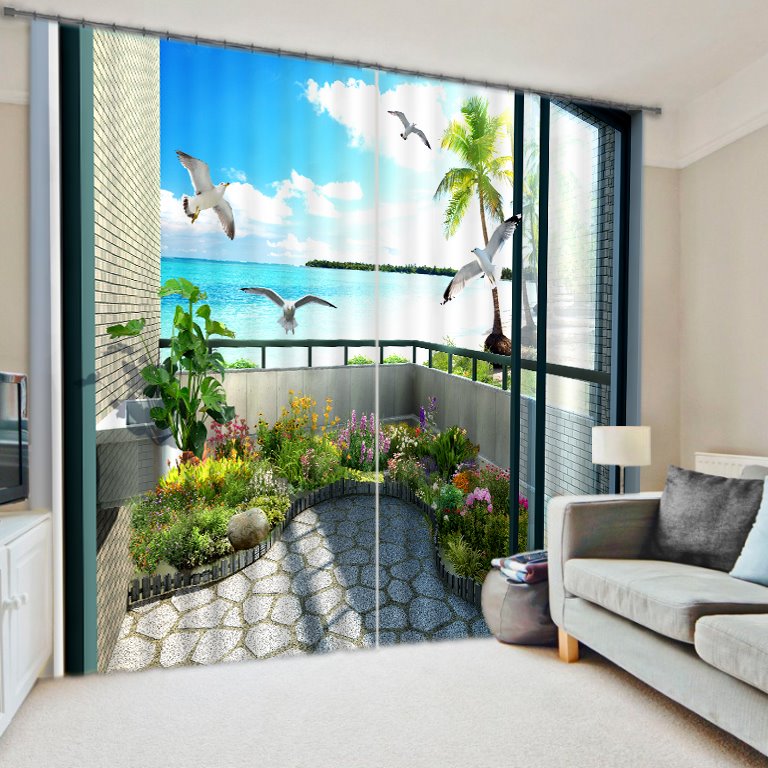 Cortina personalizada impresa de gaviotas y flores en 3D con balcón junto al mar para sala de estar