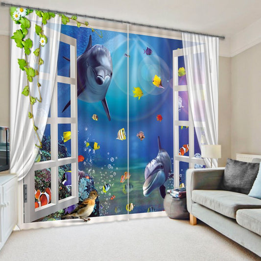 Sea Fish Theme Curtain, Dolphin Small Fishes Underwater Printed Shading Curtain