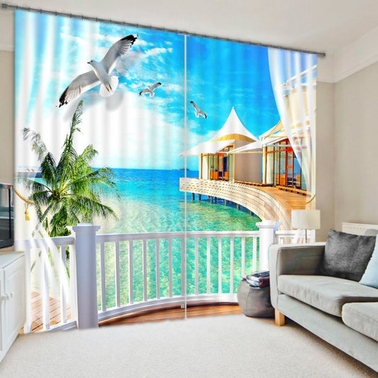 3D White Doves and Sea House Printed Beach Scenery Custom Curtain for Living Room