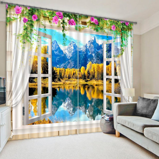 3D Mountains and River with Yellow Trees Printed Natural Scenery Custom Living Room Curtain