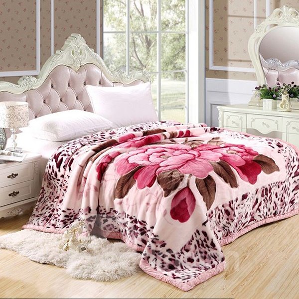 Romantic Pink Flower and Wild Leopard Design Thick Blanket