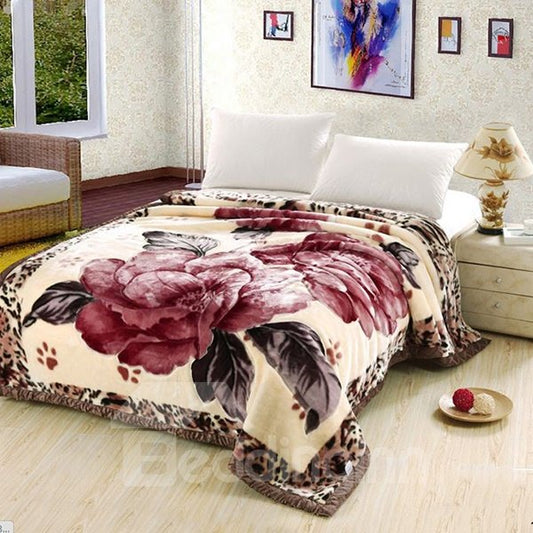 Super Warm Red Flower Print Thick Camel Blanket