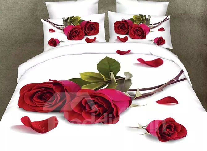 Juegos de funda nórdica de poliéster de 4 piezas con diseño romántico de rosas rojas y pétalos