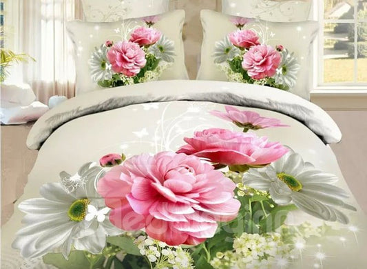 Shining White and Pink Flowers Design Polyester 4-Piece Duvet Cover Sets