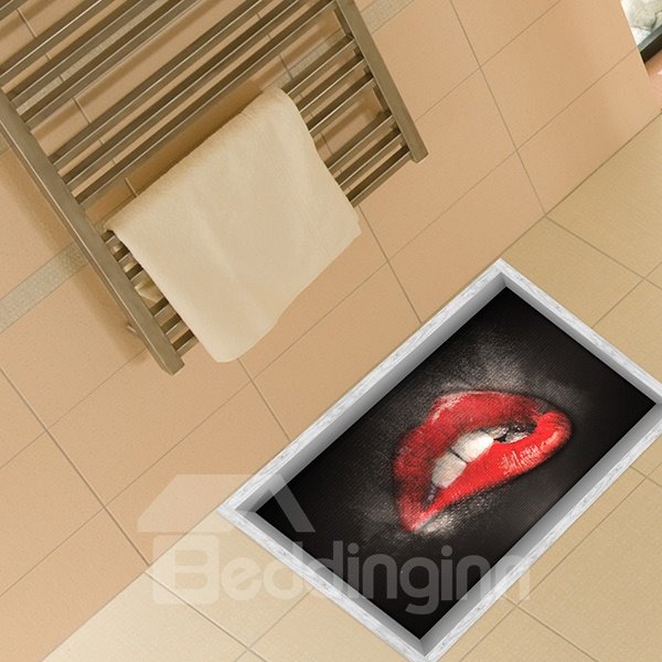 Verführerischer, roter, auf die Lippen beißender 3D-Bodenaufkleber für das Badezimmer, der ein Verrutschen verhindert