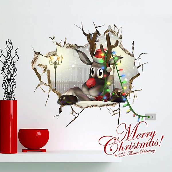 Festival Christmas Cartoon Reindeer Through Wall Hole 3D Wall Sticker