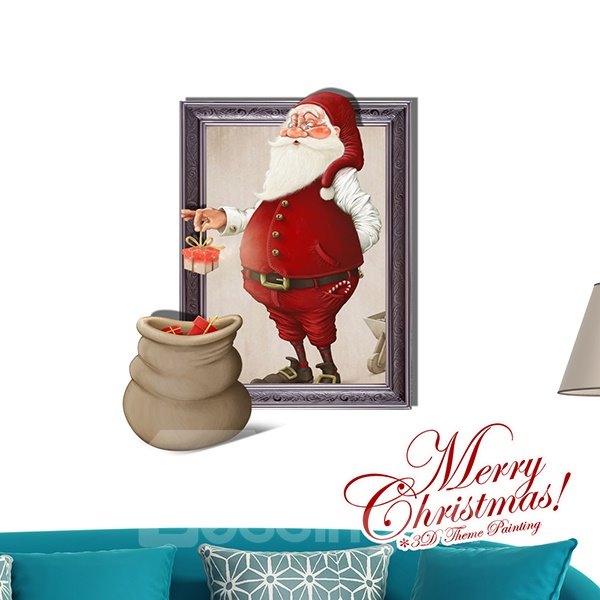 Abnehmbarer 3D-Wandaufkleber „Festlicher netter Weihnachtsmann mit Taschen voller Geschenke“.
