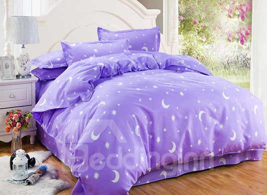 Juego de cama/funda nórdica de 4 piezas, color morado, con patrón de estrellas y luna