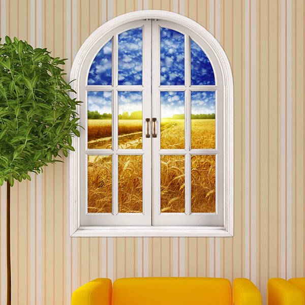 Abnehmbare 3D-Wandaufkleber mit Blick auf das Fenster „Reife goldene Weizenfelder“.