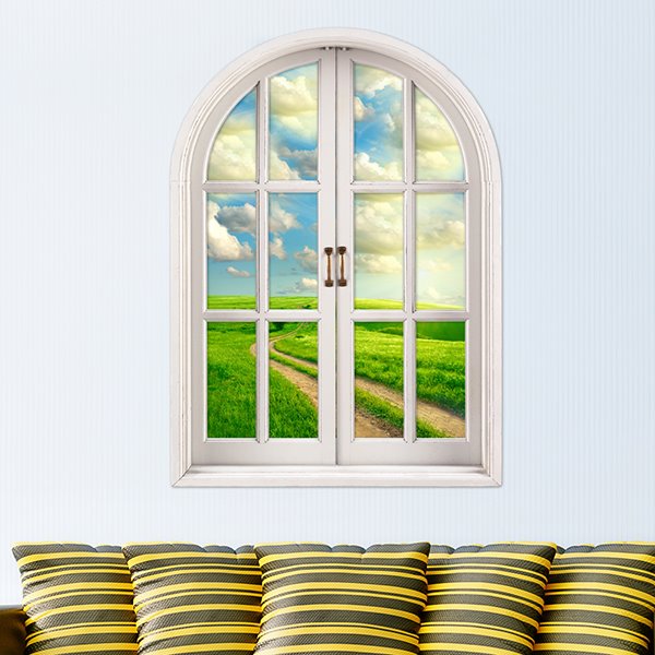 Green Grassland Under White Cloud Window View Removable 3D Wall Stickers