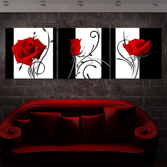 Impresiones artísticas de pared de 3 paneles en lienzo con rosas románticas y líneas abstractas