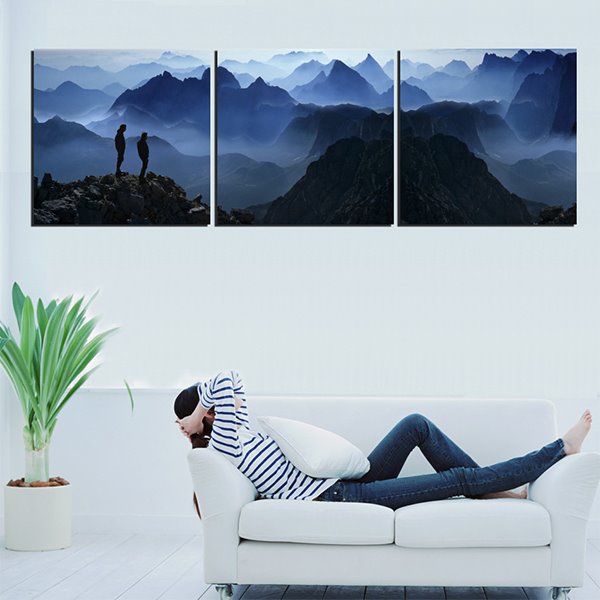 Two Climbers on Top of Mountains in Misty Clouds Canvas 3-Panel Wall Art Prints