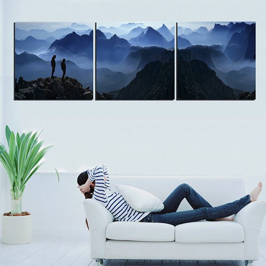 Two Climbers on Top of Mountains in Misty Clouds Canvas 3-Panel Wall Art Prints