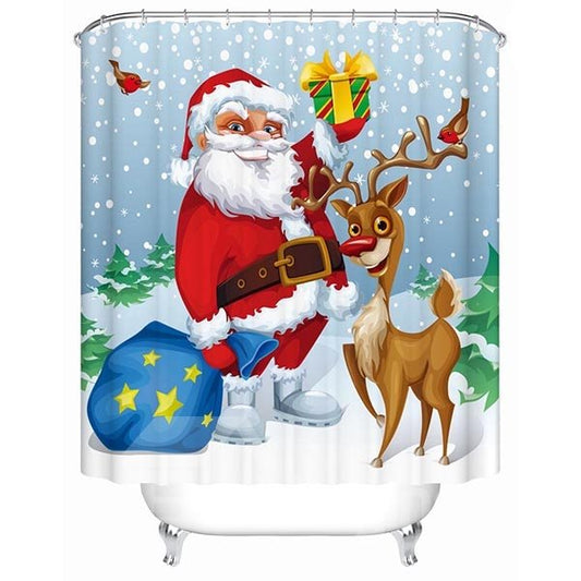 Cortina de ducha con tema navideño 3D con estampado de adorable Papá Noel dulce y lindo ciervo