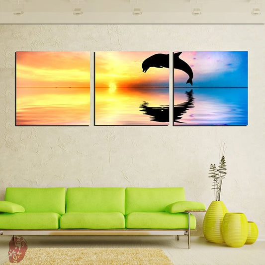 Perfil creativo de delfines en el mar al atardecer, lienzo de 3 paneles, impresiones artísticas para pared